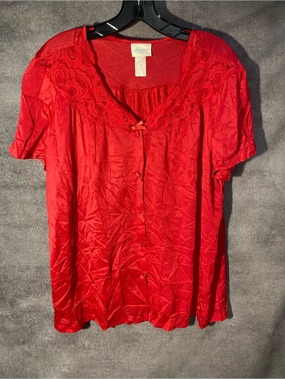 Vintage Adonna Red Nylon Lace Trim Button Front Bed Jacket Top Nightgown XL